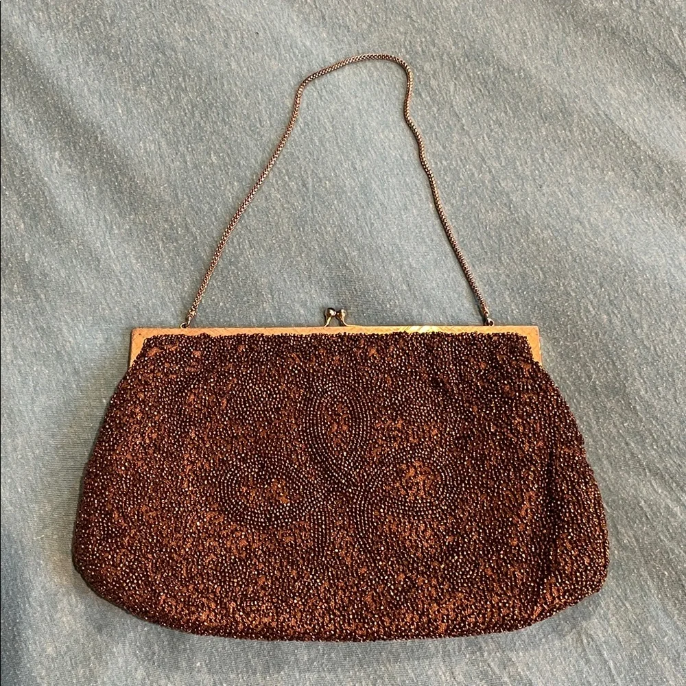 Retro 1940s Brown Glass Beaded Evening Bag